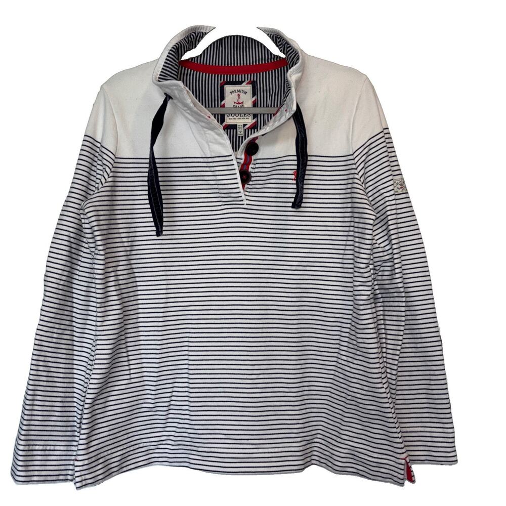 Joules Womens Button Neck Sweatshirt Jumper UK 16 US 12 White Striped Cotton